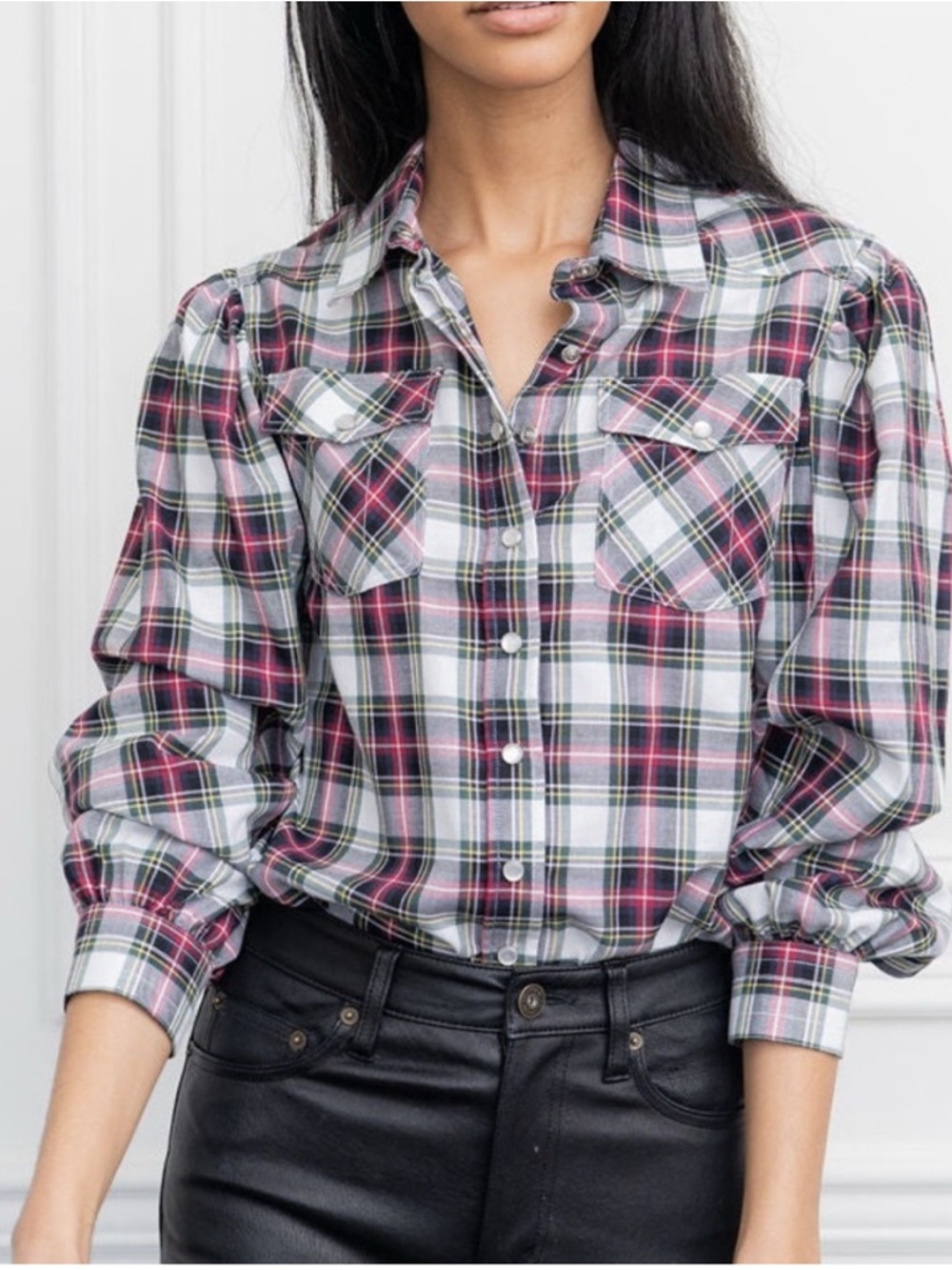The Shirt by Rochelle Behrens Balloon Sleeve Paid Pearl Snap Shirt